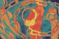 A digital illustration in colorful gouache shows a small crowd of abstract pregnant figures. A large pencil drawing of handcuffs on a chain is overlaid on the canvas in the shape of a spiral. It obscures the faces of the people.