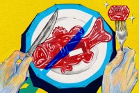 A digital illustration of a glossy-red plastic fish on a white dinner plate on a vivid yellow tablecloth. A hand on the left side of the fish holds a knife, which casts a blue shadow that, together with the border of the plate, makes the shape of a circle with a diagonal line across it. The hand on the right side holds a fork with a rubbery, glistening cube from the plastic fish speared on it.