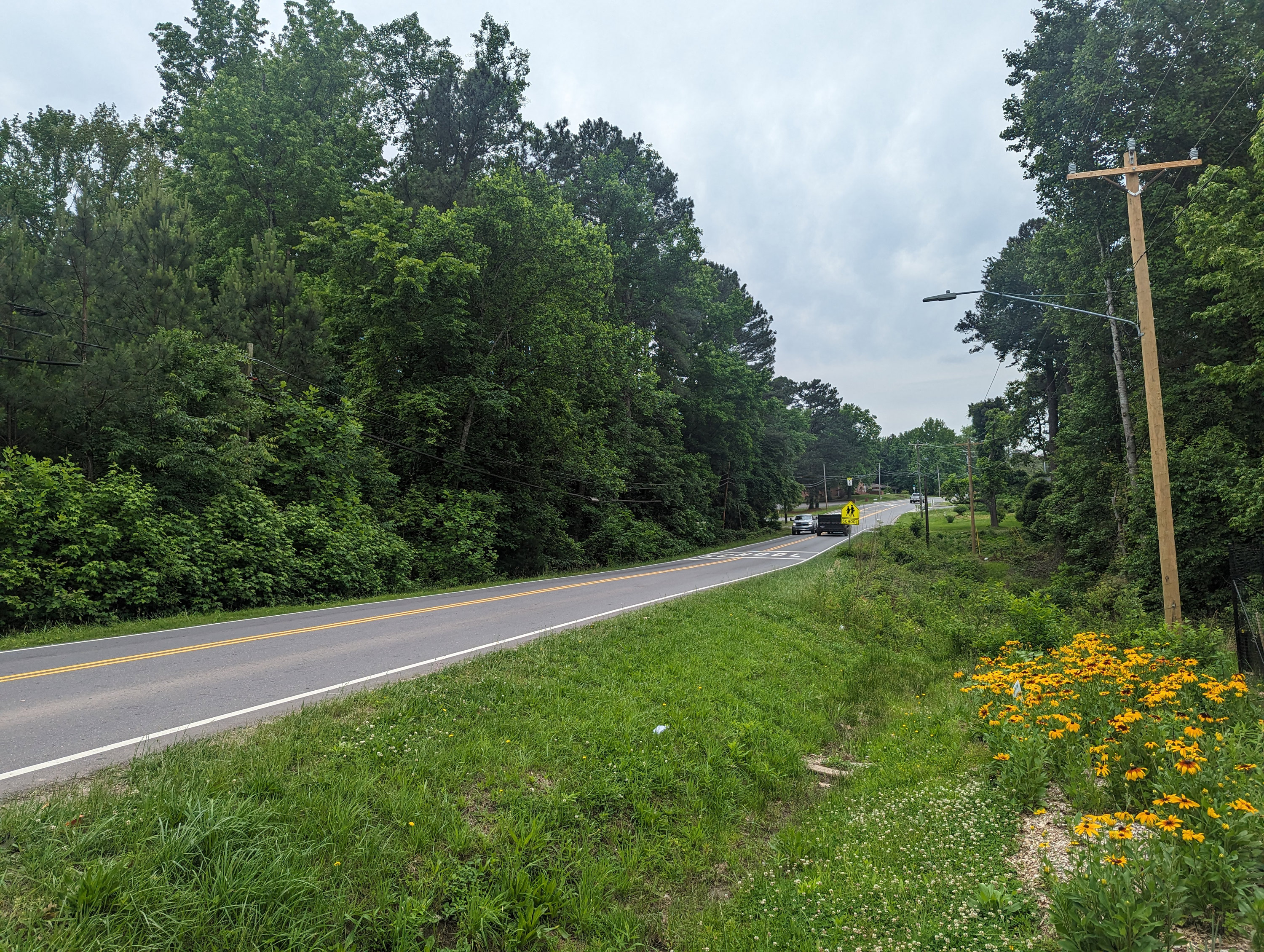 A photo of a road surrounded by grass on both sides — with no sidewalk.