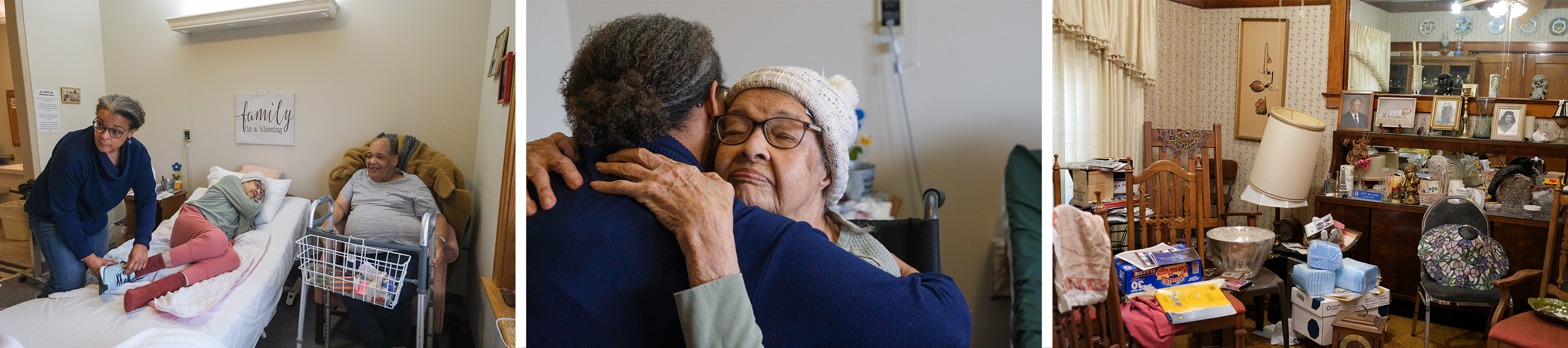 Three photos shown in a row: a woman with her brother visiting her elderly mother; the woman hugging her mother; a photo of the interior of a house.