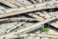 An aerial view of a highway near downtown New Orleans, Louisiana.