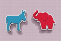 A photo illustration of a blue donkey and a red elephant facing each other.