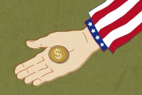 A digital illustration of an outstretched hand holding a gold coin with a dollar sign on it. The sleeve around the person's wrist had white stars on a blue background and red and white stripes.