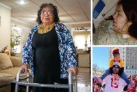 Three photos are shown in a collage. The left photo is a portrait of a woman standing indoors with a walker. The top right photo shows a woman in a hospital bed. The bottom right photo shows a man in a Kansas City Chiefs jersey carrying his daughter on his shoulders.