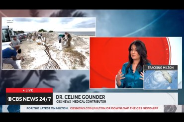 A still from a CBS News broadcast showing Céline Gounder being interviewed next to footage of hurricane preparation.