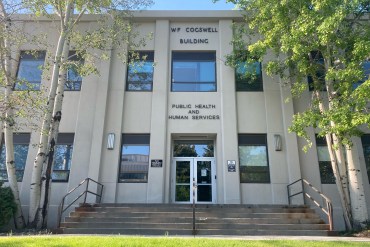 An exterior photograph of the Montana Department of Public Health and Human Services building on a sunny day.