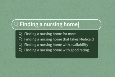 An illustration of a computer screen showing a search bar that says, "Finding a nursing home / for mom / that takes Medicaid / with availability / with good rating."