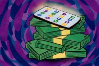 A digital illustration of a phone with a glowing screen of apps resting atop a disorganized stack of cash.