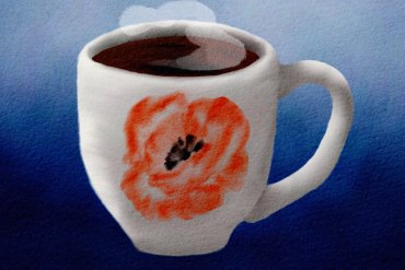 An illustration of a white mug with an orange poppy flower decoration on the side. Steam is wafting from the tea in the mug.