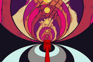 An abstract illustration of overlapping hands increasing in size as they repeat upwards, holding a pill. The bottom half of the illustration shows a gavel with ripples that spread out from its impact. The ripples mirror the pattern of the hands above.